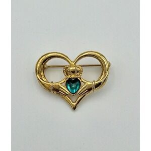 Vintag Gold Tone NR Avon Irish Blessing Claddagh w/Green Rhinestone Heart Brooch
